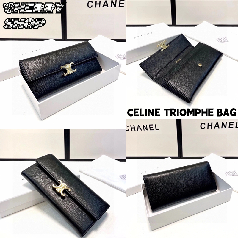 💯OUTLETS ร้านขายส่วนลด🍒ซีลีน Celine TRIOMPHE LARGE Glossy Cow Leather Wallet💯Women's Long Wallet กระ