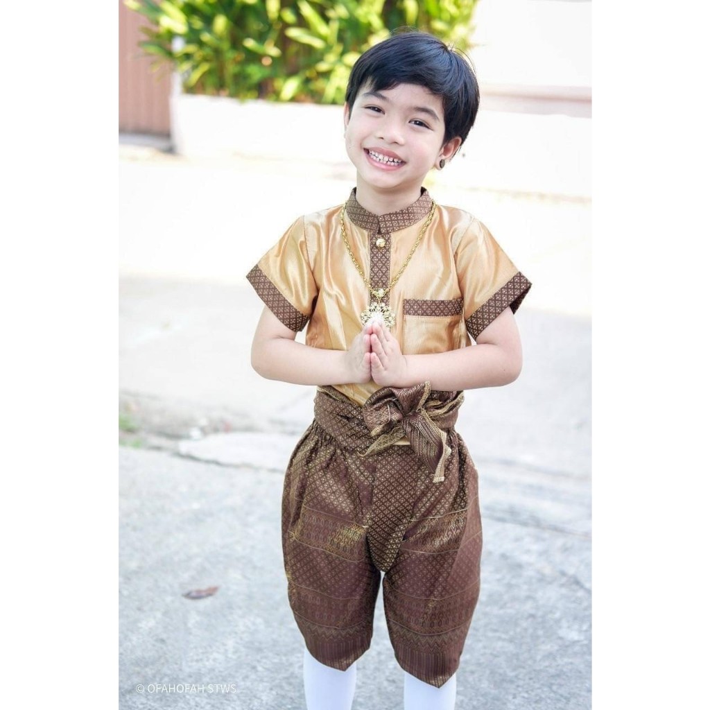 ND // ชุดไทยเด็กผู้ชาย ลายทองเอก 3ชิ้น เสื้อ+โจงกระเบน+ผ้าคาดเอว