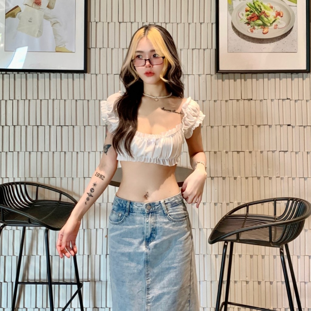 🌈SpinnyHouse🌈เสื้อครอปแขนตุ๊กตา แต่งโบว์ช่วงอกน่ารักมุ้งมิ้ง ผ้ามุ้งยืดเยอะ 🥴 สไตล์เวียดนามม้าก  รุ่น โบว์รัก B-007-3-B - รูปที่ 2