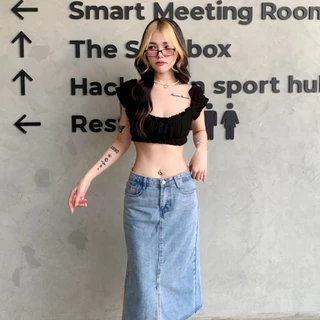 🌈SpinnyHouse🌈เสื้อครอปแขนตุ๊กตา แต่งโบว์ช่วงอกน่ารักมุ้งมิ้ง ผ้ามุ้งยืดเยอะ 🥴 สไตล์เวียดนามม้าก รุ่น โบว์รัก B-007-3-B