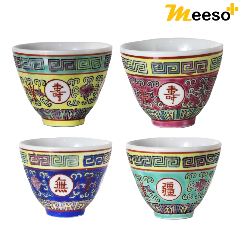 จอกชาจีน ลายวาดบ่วงชิ่วอักษรจีนมงคล งานกระเบื้องกังไส สวยงาม วัสดุเซรามิก เกรด A