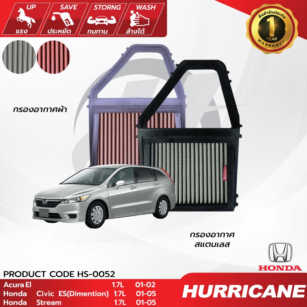 HURRICANE กรองอากาศรถยนต์ผ้าแดง & สแตนเลส Acura El , Honda ( Civic ES(Dimention) , Stream ) HS-0052