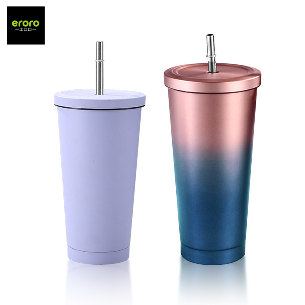 ERORO แก้วเก็บอุณหภูมิ สแตนเลส แก้วน้ำพร้อมหลอด พกพาง่าย 500-750ML
