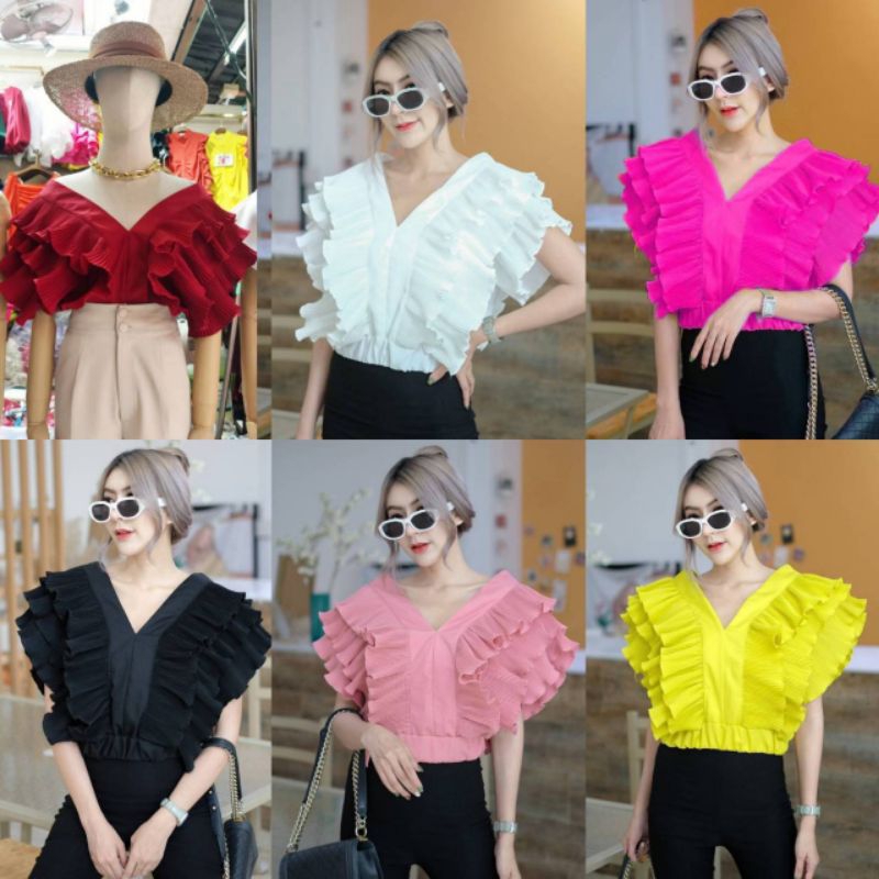 เสื้อใส่ออกงาน หรูหรางานแต่งงานบวชกินเลี้ยง ครอป  คอวี หน้าวีหลังระบายอัดพลีสและมีแบบไม่อัดพลีท