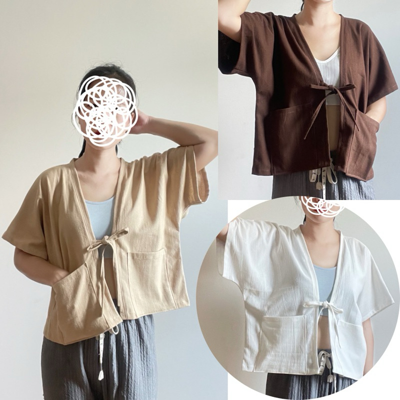 เสื้อคลุมแขนสั้นผ้าฝ้ายเนื้อนุ่ม เสื้อครอปแขนสั้น ดีเทลผูกโบหน้าสไตล์มินิมอล