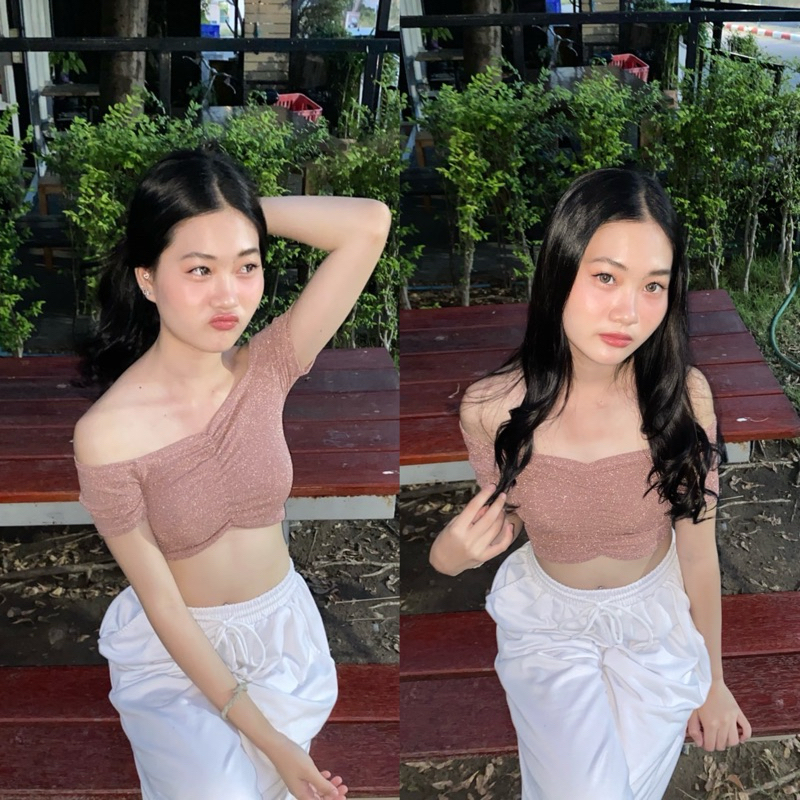 เสื้อครอปเปิดไหล่ ย่นหน้า ผ้าสีแฟลช