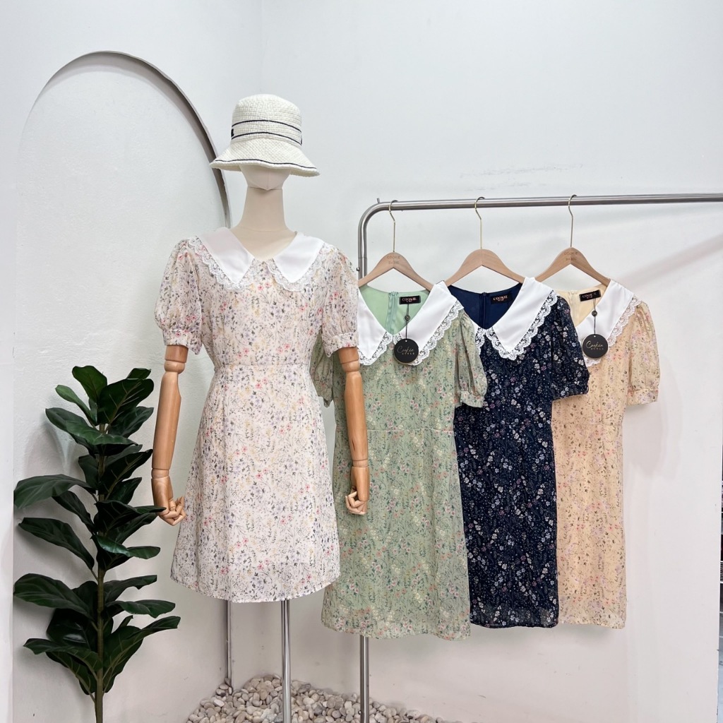 dress cookie เดรสลายดอกผ้าซีฟอง คอปกแต่งลูกไม้ สินค้ามีซับใน&สายผูกหลังทั้งชุด น3