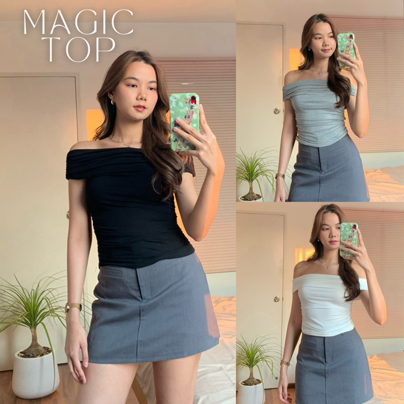 เสื้อปาดไหล่ จับจีบช่วงอก ย่นข้างตัวพรางหุ่น ผ้านุ่มทรงสวย