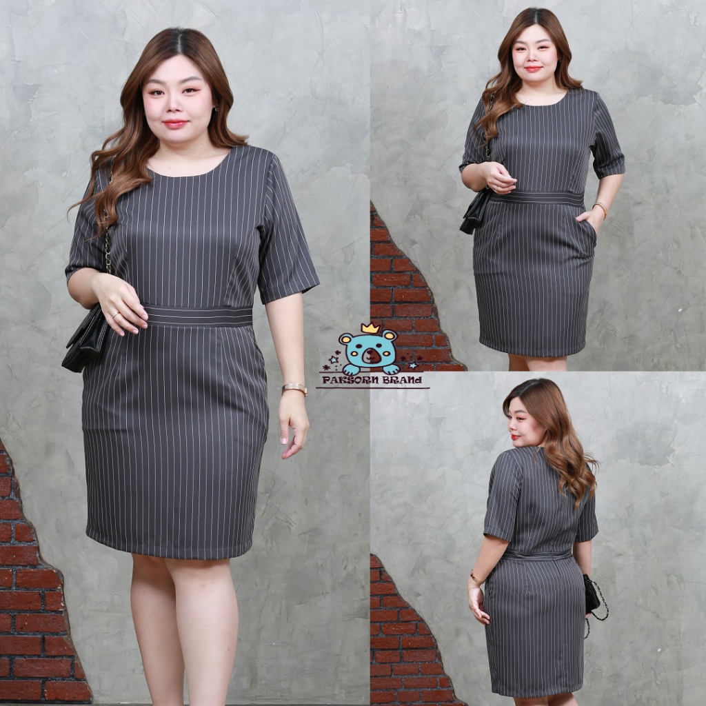 เดรสใส่ทำงาน สาวไซส์อวบ อก 42"44"46"&48" (ชุดตัดเย็บจากทางร้าน) เทาเข้มนาโนริ้ว