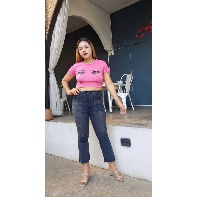 MD jeans Mกางเกงยีนต์ขาม้า เอวสูง ขา8ส่วน ผ้ายีนต์ยืดทรงขาม้า ปักหัวใจ ปลายขาตัด