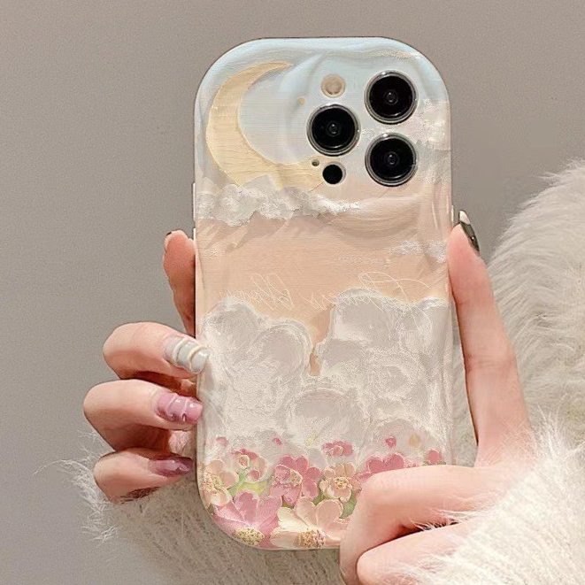 สำหรับ iPhone 11 15 14 13 12 Pro MAX 7 8 14 Plus XS MAX Case เมฆดอกไม้ดวงจันทร์รูปแบบคลื่นขอบโทรศัพท์กรณีเคสไอโฟน