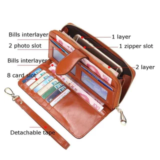 (พร้อมส่ง) Korea กระเป๋าสตางค์ใบยาว กระเป๋าสตางค์ใบยาวทําจากหนังแว็กซ์วินเทจกระเป๋าเงินผู้หญิงความจุขนาดใหญ่หนังนุ่