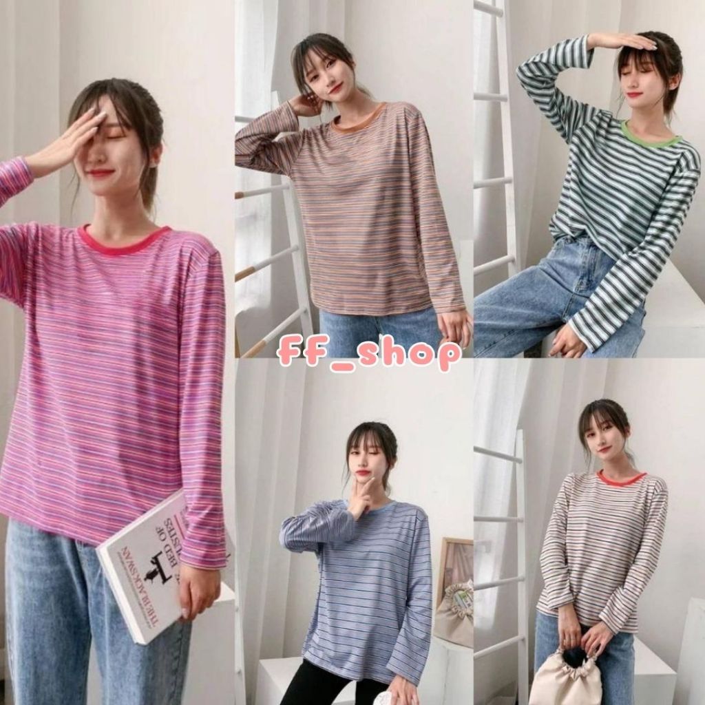 FF.shop เสื้อยืดแขนยาวลายทาง แฟชั่นเกาหลีๆ #9307