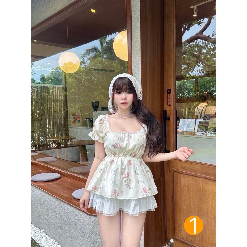 Nusa Stlye เสื้อแขนตุ๊กตา แต่งลูกไม้ริบบิ้น ผ้าคอตตอน พิมพ์ลายดอกไม้ เสื้อผ้าผู้หญิง