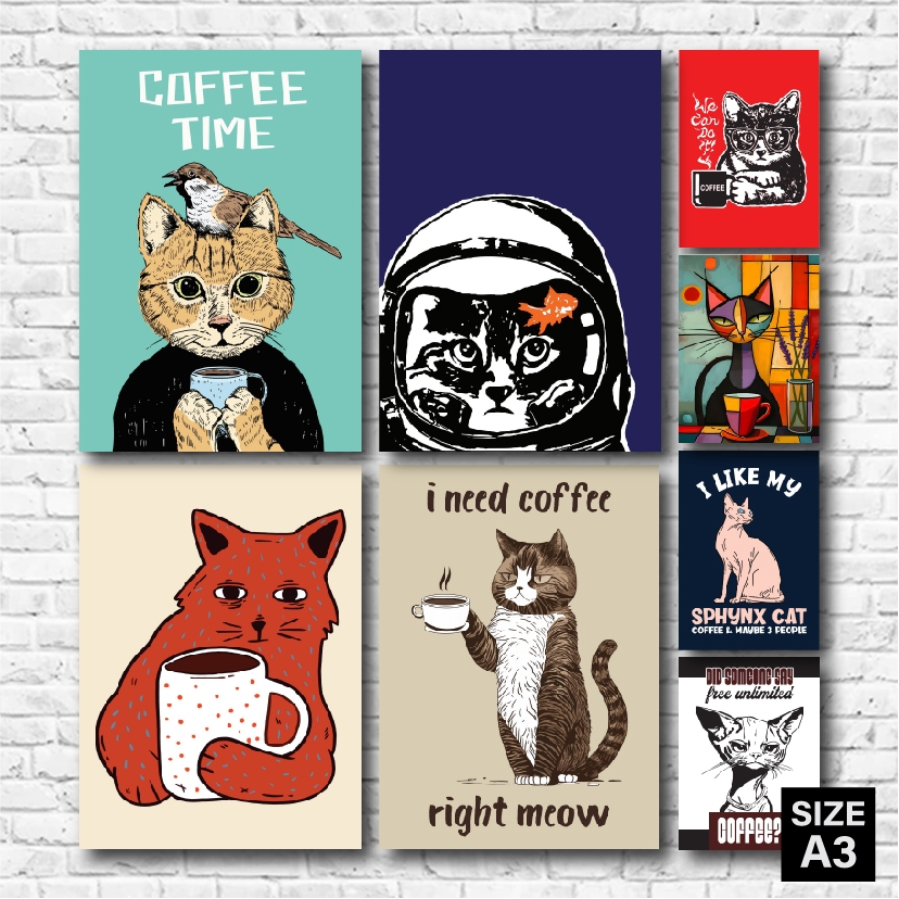 โปสเตอร์กาแฟ Coffee Cat ภาพน้องแมวน่ารักดื่มกาแฟ สำหรับตกแต่งร้านกาแฟ ตกแต่งห้อง (A3)