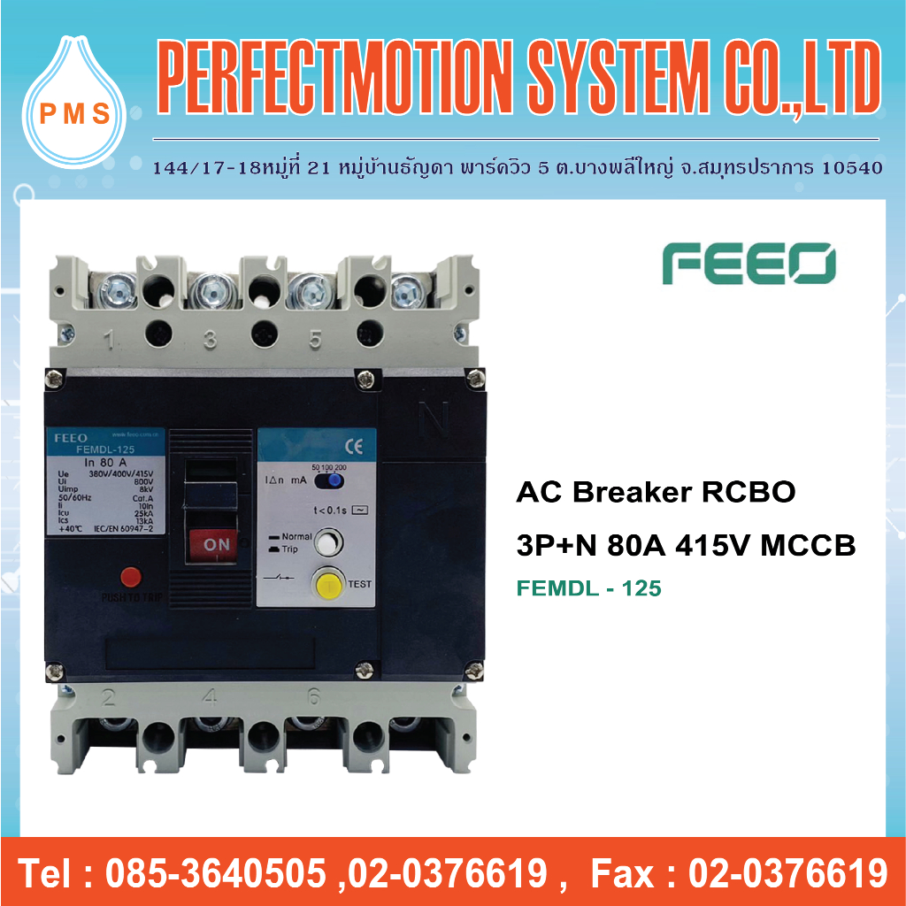 AC Breaker RCBO 3P+N 80A 415V ( FEMDL-125 ) | สินค้าส่งจากไทย