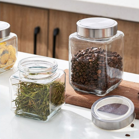 โหลแก้วใส่ขนม ฝาสแตนเลส ทรงเหลี่ยม กระปุกใส่อาหาร ขนาด 250ml.-750ml.