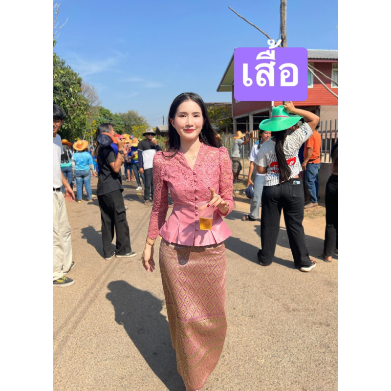 🚩ราคาถูก🚩Z45ลูกไม้คละลายใส่แล้วไม่คันสีชมพูชายเอวจีบผ้าอัดกาว #ชุดไทยประยุกต์ #ชุดไทย