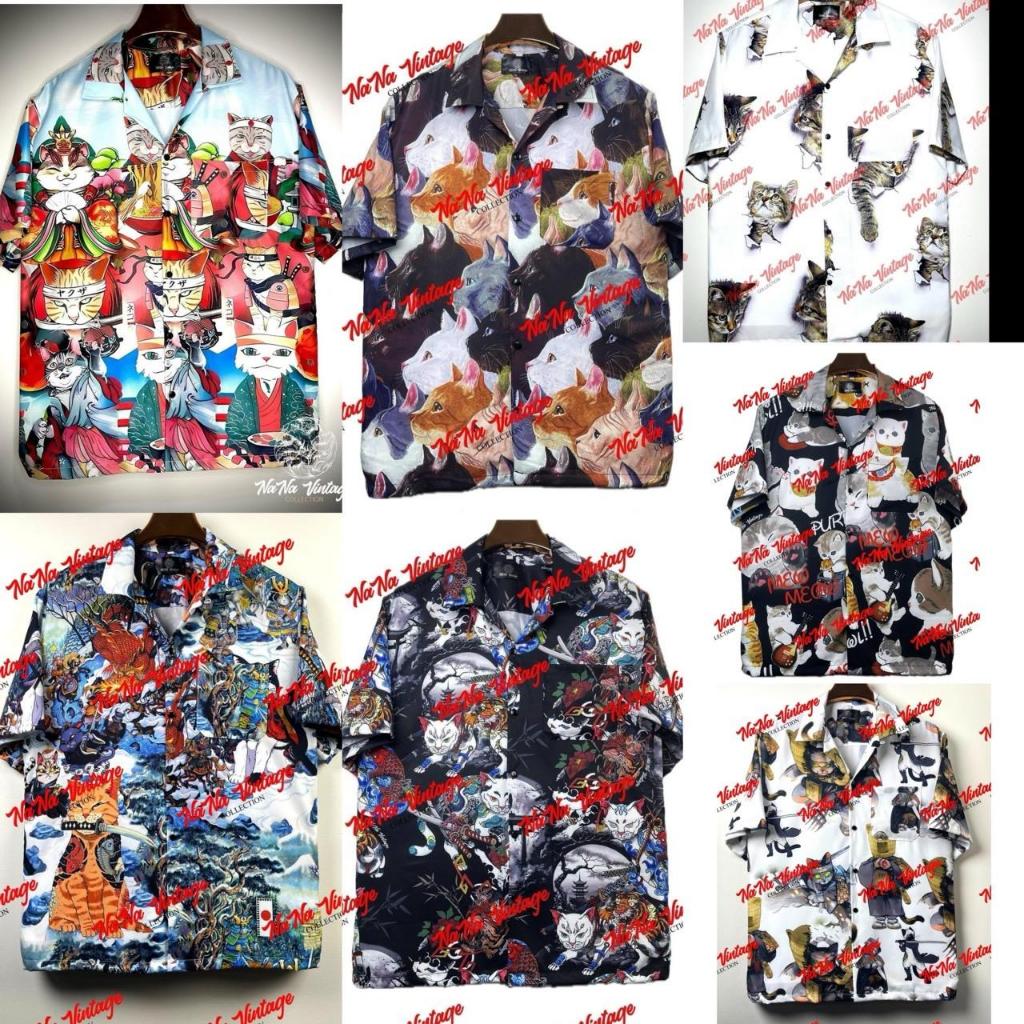 #2 เสื้อเชิ้ตฮาวาย เสื้อเชิ้ตผ้าไหมอิตาลี่ พิมพ์ลายดิจิตอล ลายน้อนแมว
