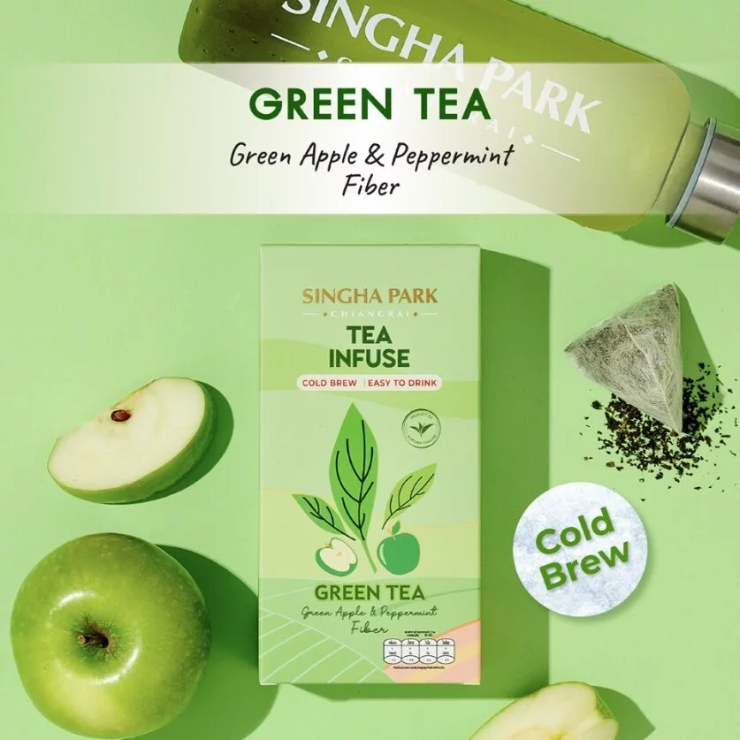 ชาชงเย็น Tea Infuse Green Tea ชาเขียว (เซนฉะ) ผสมไฟเบอร์ กลิ่นแอปเปิ้ลและกลิ่นเปปเปอร์มินต์