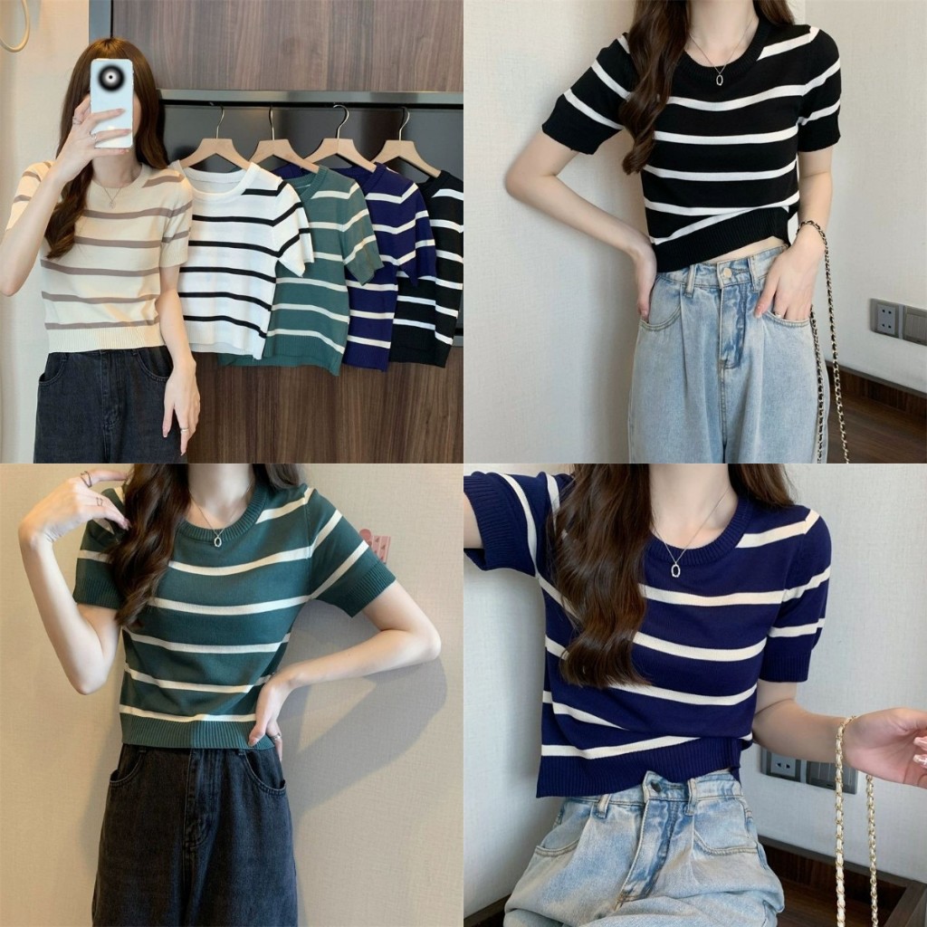 เสื้อยืดผู้หญิง เสื้อผ้าแฟชั่นผู้หญิง ลายทาง เนื้อผ้านุ่มลื่นใส่สบาย #602100