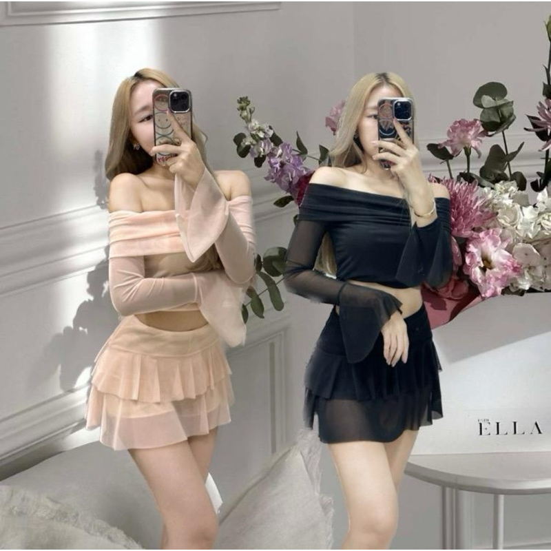 Pimma set ชุดเซ็ตเสื้อแขนยาวปาดไหล่แขนกระดิ่ง+กระโปรงผ้าซีทรูซับในกางเกง