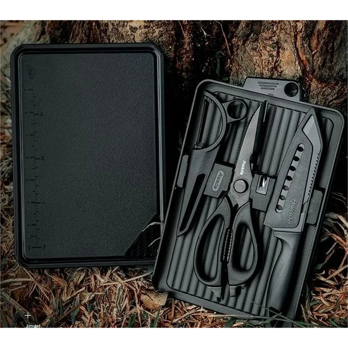 ☇﹉☋Awada ชุดตัดกลางแจ้งสีดำตั้งแคมป์มัลติฟังก์ชั่แบบพกพามีดกรรไกรมีดซานโตกุเครื่องครัวเขียง