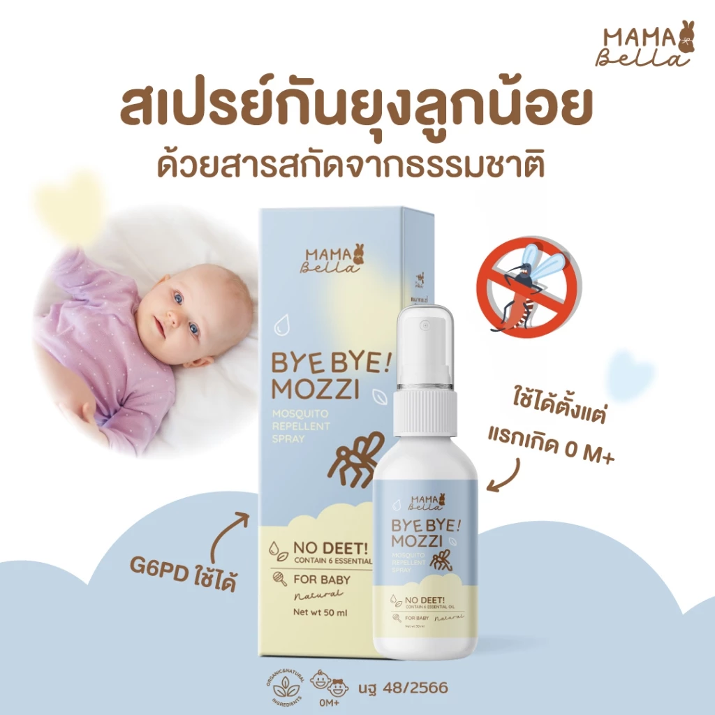 สเปรย์กันยุงสำหรับเด็ก Mamabella Bye Bye! Mozzi สูตรน้ำ อ่อนโยน สารสกัดธรรมชาติและออร์แกนิก กันยุง