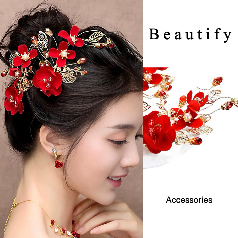 𝓑𝓮𝓪𝓾𝓽𝓲𝓯𝔂 กิ๊บติดผมดอกไม้คริสตัลสีแดงสำหรับเจ้าสาวเครื่องประดับผมออกงานต่างๆ