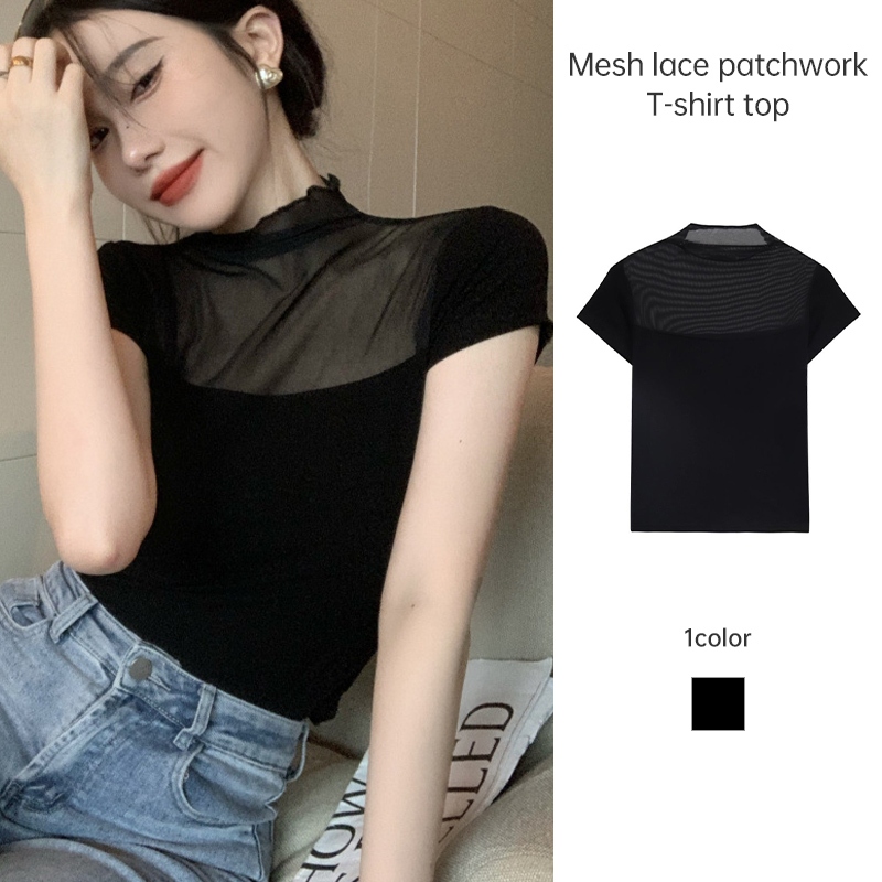 Micro Transparent Lace Patchwork T-Shirt Sexy Slim Fitting Top BB
