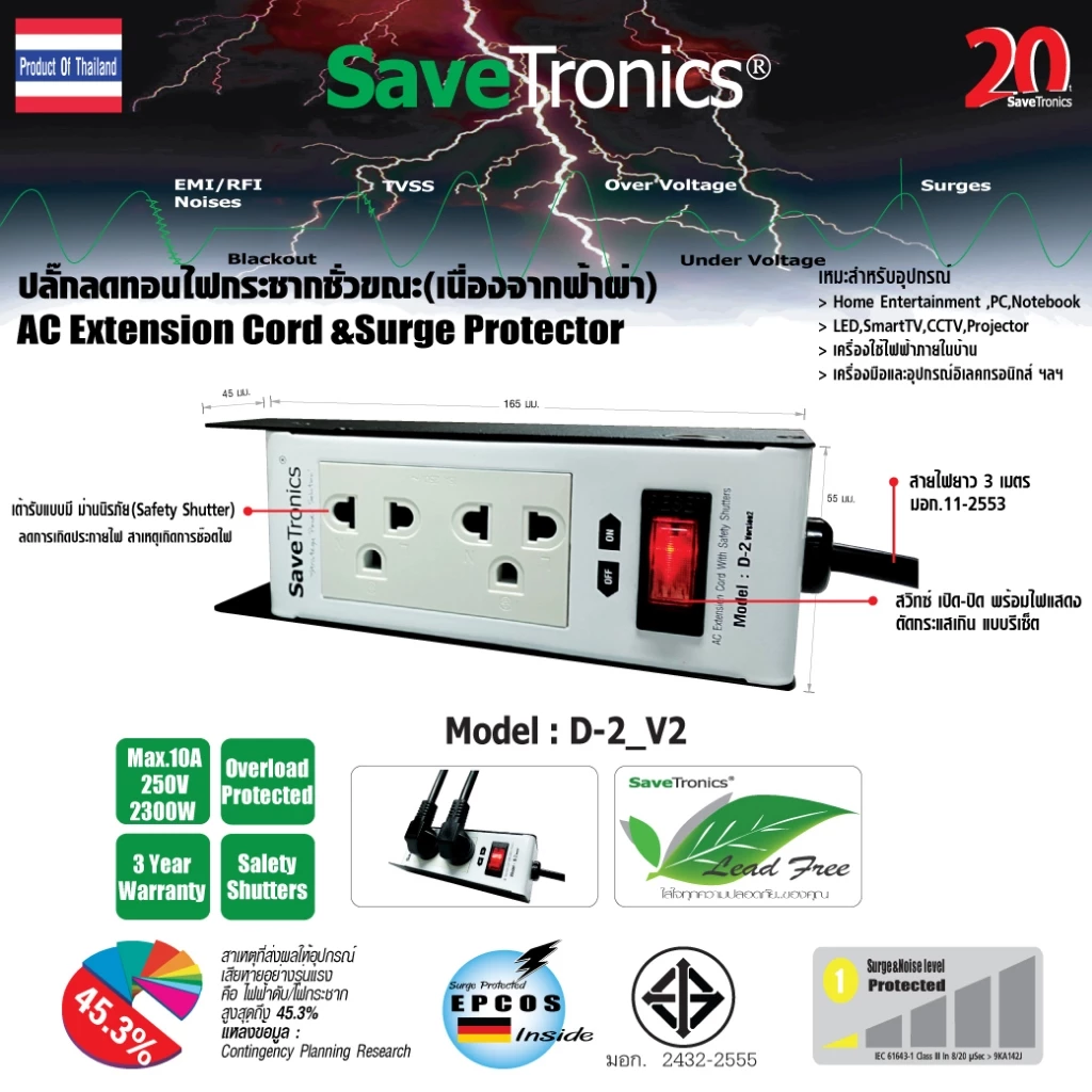 SaveTronics : ปลั๊กไฟป้องกันและลดทอนไฟกระโชกชั่วขณะ(เนื่องจากฟ้าผ่า) รุ่น D-2_Version2.0
