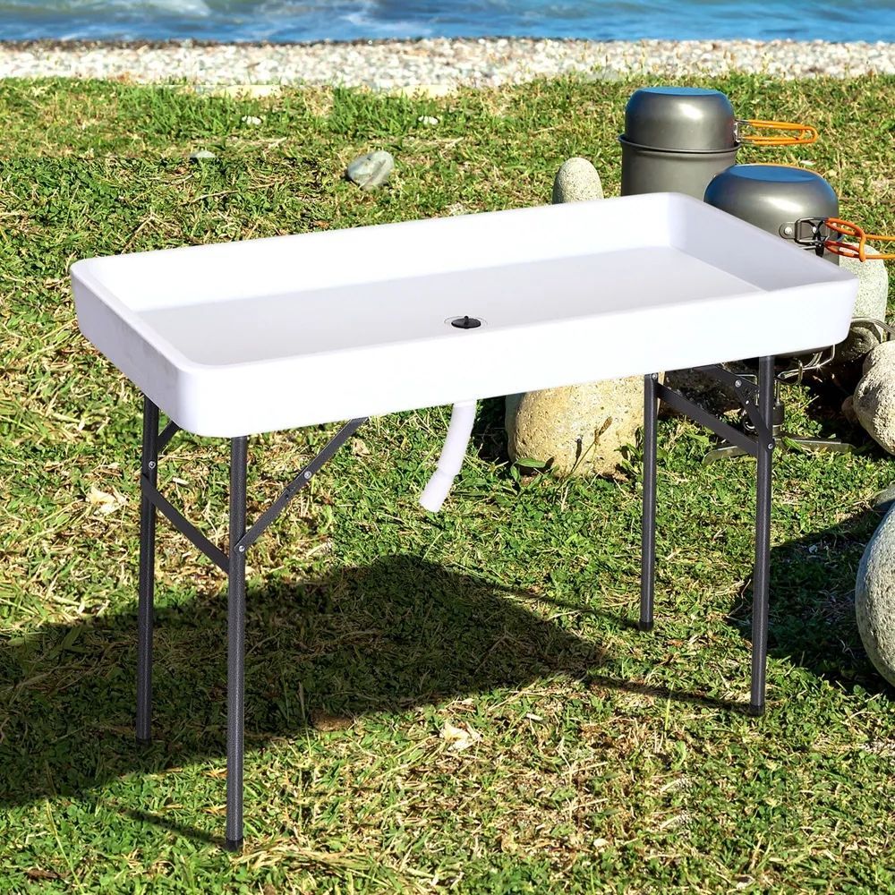 โต๊ะกลางแจ้งพับได้ 115x59x86.5cm โต๊ะกินข้าวอเนกประสงค์ ใช้ที่ตลาดขายของและแช่เครื่องดื่มตอนปิกนิก