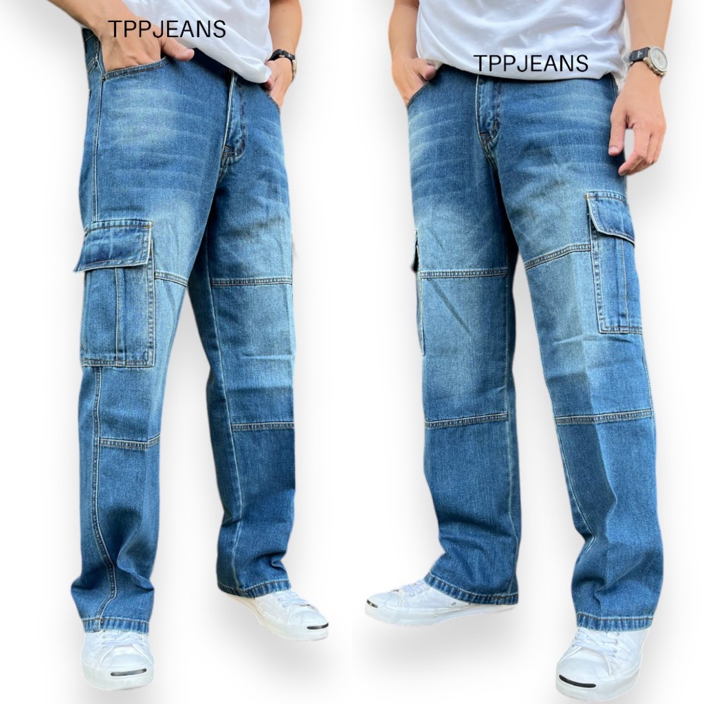 JEANSEXPRESS กางเกงยีนส์ชายทรงกระบอกใหญ่ วินเทจ สีบลูฟอกกระเป๋าข้าง ตัดต่อขา ผ้านิ่ม ใส่สบาย เป้าซิป Size 28-36