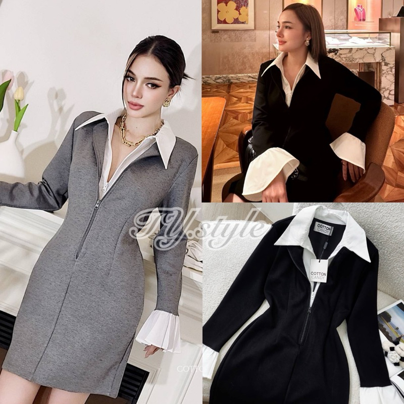 ✔️พร้อมส่ง✔️ เดรสคุณหนู ผ้านาโนเนื้อดี ทรงคอวีปก แต่งทูโทน เก็บทรงสวย #cottoncandy