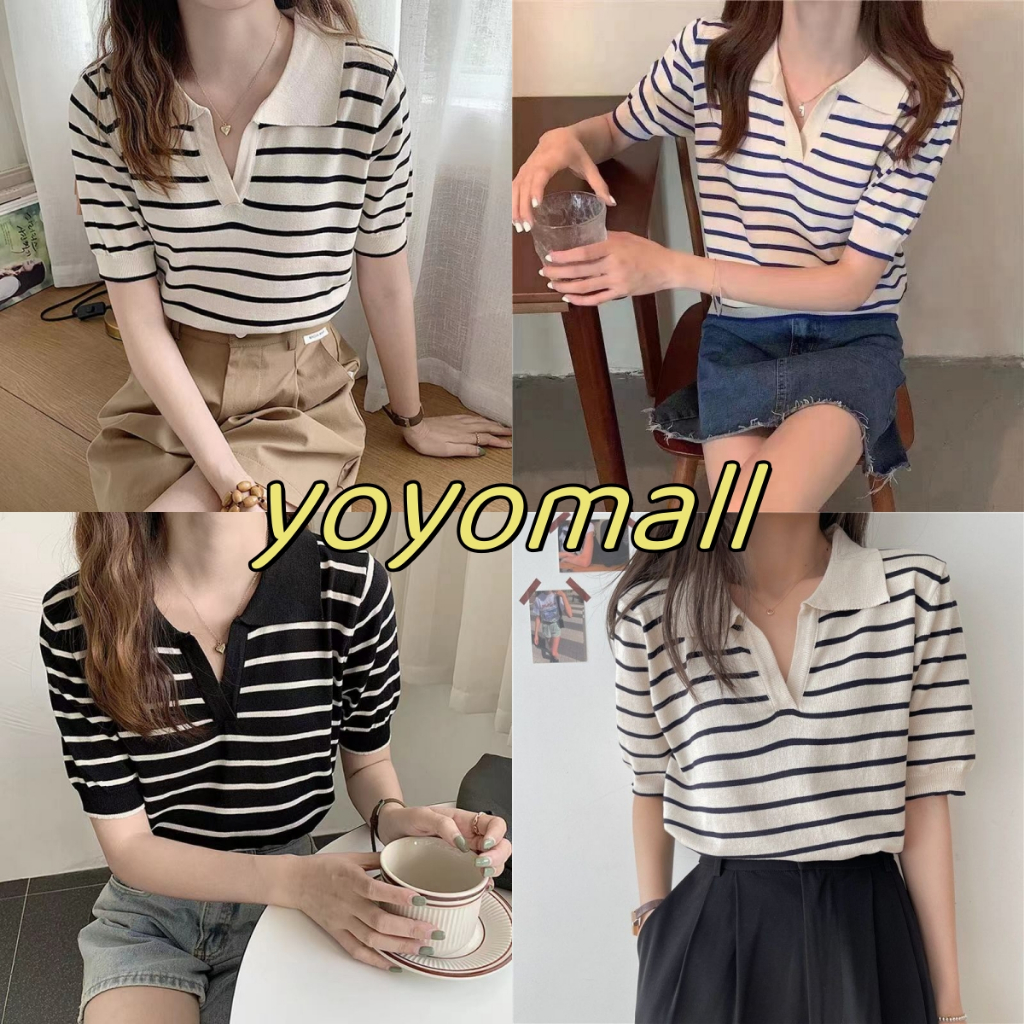 yoyomall พร้อมส่ง เสื้อไหมพรมแขนสั้น ลายทาง เว้าหน้าลึกสุดเท่" #017