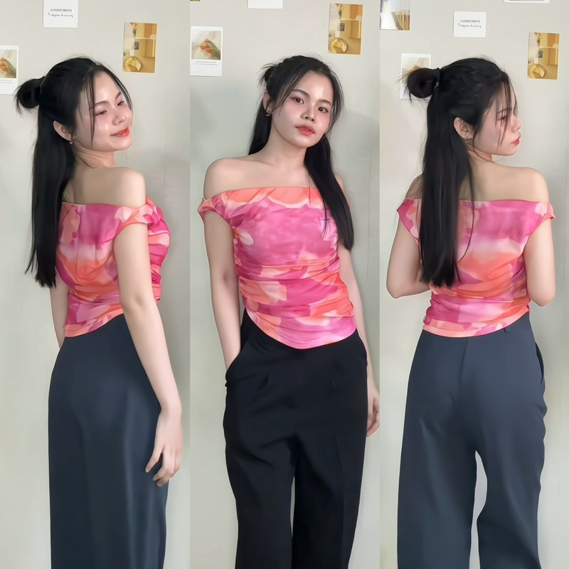 TORR.STORE Suzi Top : เสื้อท็อปพิมพ์ลาย ทรงปาดไหล่ เนื้อผ้า2ชั้น ซับในทั้งตัว