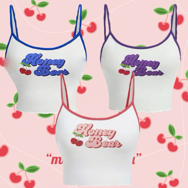 cherry -เสื้อสายเดี่ยวขาวลายน้องเชอรี่ ขอบสีน่ารัก
