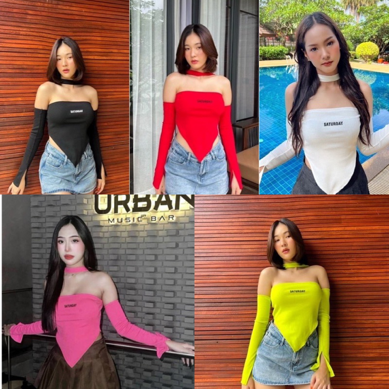 ShopBypuy เสื้อปาดไหล่ปลายแหลม เขียวบานเย็นเข้าเพิ่มจ้า เสื้อy2k