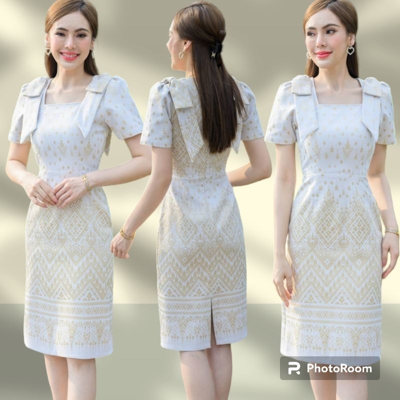 ชุดเดรสผ้าไทยสวยๆ ชุดเดรสสีขาวงาช้าง ผ้าทอแพรวากาฬสินธิ์ คอเหลี่ยม แต่งโบว์ไหล่งานซิปซ่อนด้านหลัง (มีsize  S-5XL)