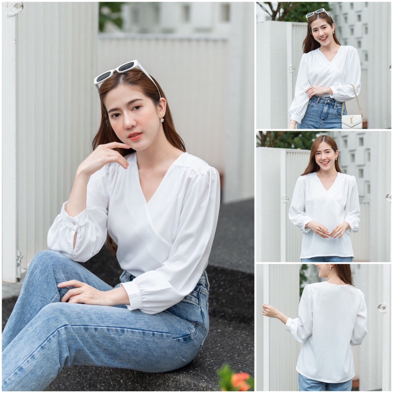 เสื้อสตรีทำงาน ดีไซน์เสื้อคอวีแต่งจีบไหล่เบาๆ แขนยาว ปลายแขนพองนิดๆ #L154SHOP_W003