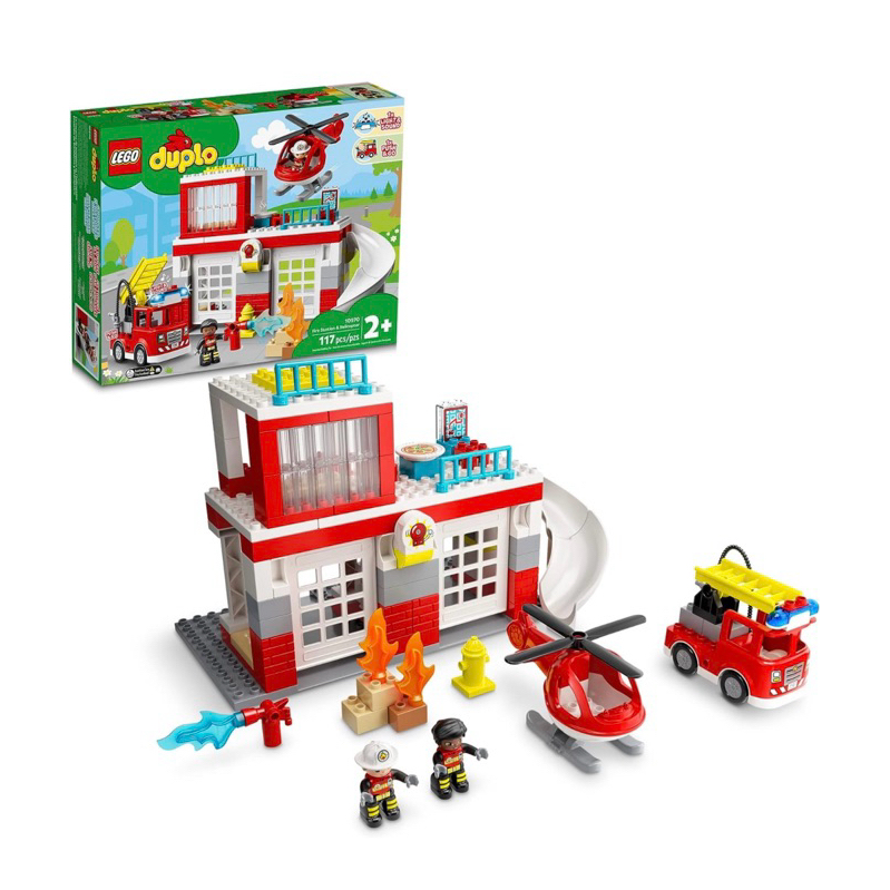 LEGO DUPLO Fire Station &amp; Helicopter Playset 10970, with Push &amp; Go Truck Toy for Toddlers, Boys and Girls