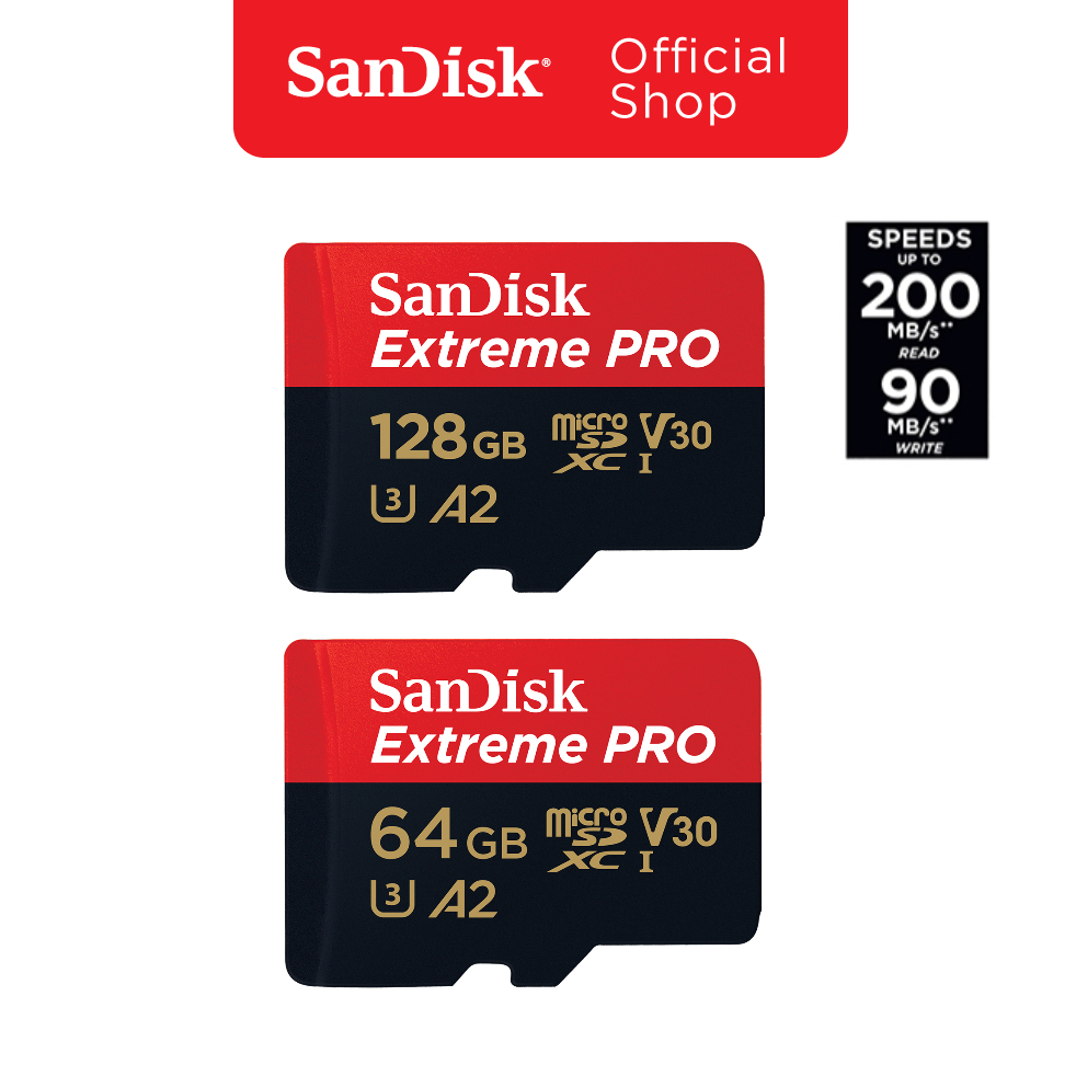 SanDisk Extreme Pro microSDXC 64GB / 128GB A2 (SDSQXCU, SDSQXCD) ความเร็วสูงสุด อ่าน 200MB/s เขียน 90MB/s