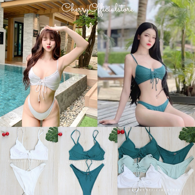 New ชุดว่ายน้ำบิกินี่ สีพื้น มีฟองน้ำถอดได้ พร้อมส่ง