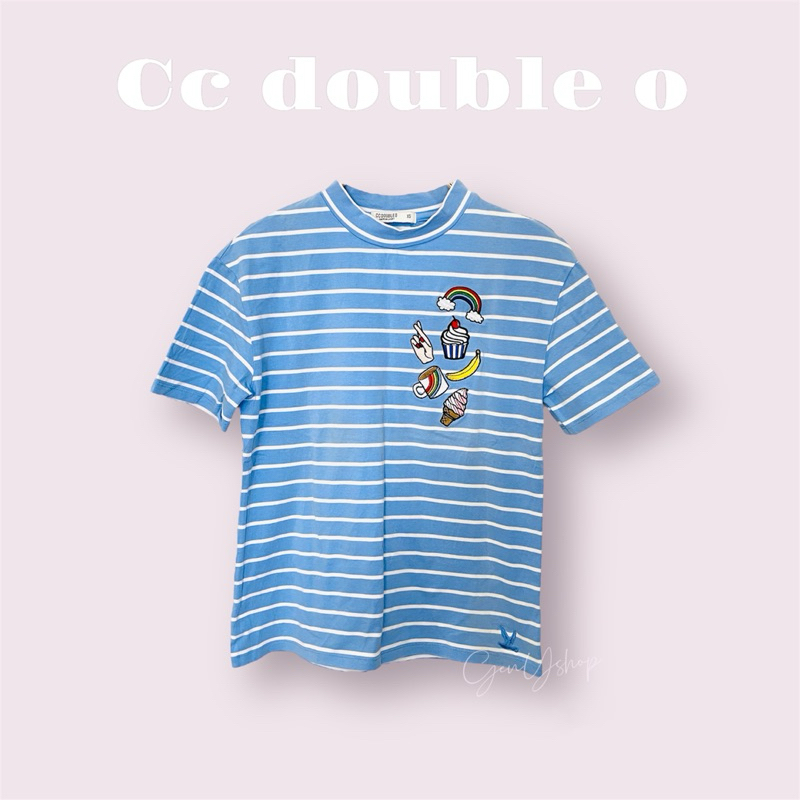 [ส่งต่อ] CC-OO แท้💯 เสื้อยืดคอกลม ลายทางขวาง ปักลายน่ารักตรงอก (สีฟ้า)