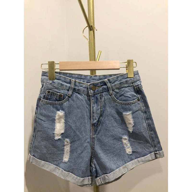 กางเกงยีนส์ขาสั้น สีฟ้า เอวสูง แต่งพับขา ป้าย YUAN DIAN ZHU LIU