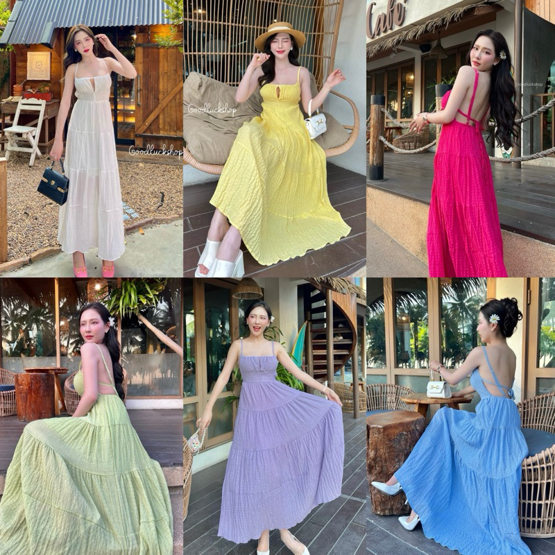 Teera❤️พร้อมส่ง✨เดรสสายเดี่ยวเว้าหลัง ผ้าอัดยับ สายปรับได้💖ป้าย Goodluck