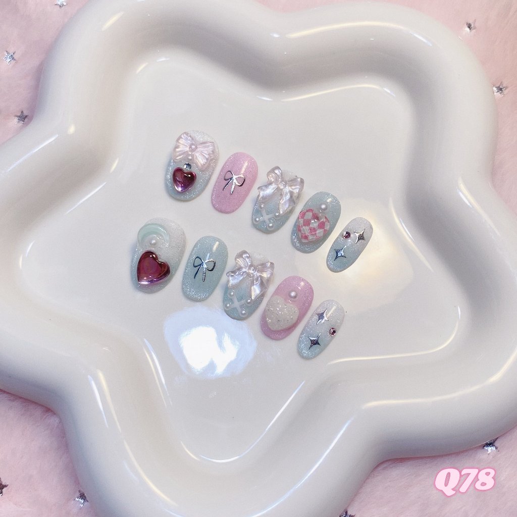 ೀ⋆｡ Q78 เล็บเจลปลอมสีชมพูฟ้าลูกแก้ว 🎀⭐️🤍