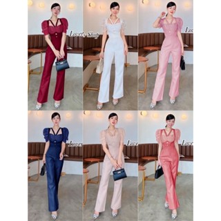 จั๊มสูทขายาว แขนผ้าแก้วซีทรูลายจุด คอวี เรียบหรู แต่งกระดุมห…