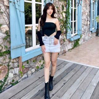 MOTTOM - SKORT กางเกงกระโปรงยีนส์ฟอก สีเทาโสน์วอ่อน