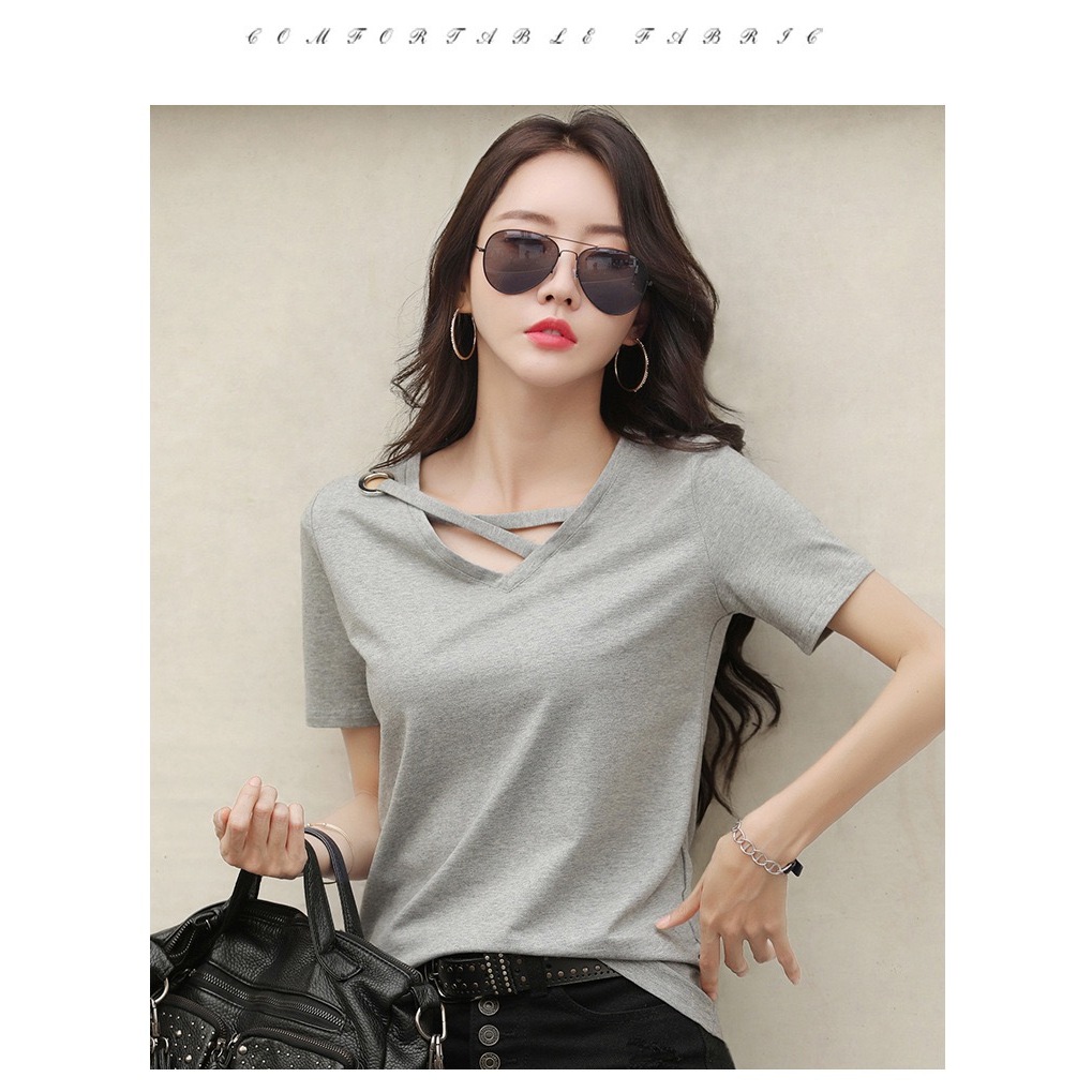 เสื้อยืดแฟชั่นผู้หญิง แขนสั้น คอวี สีพื้น ผ้านิ่ม สวมใส่บาย - รูปที่ 2